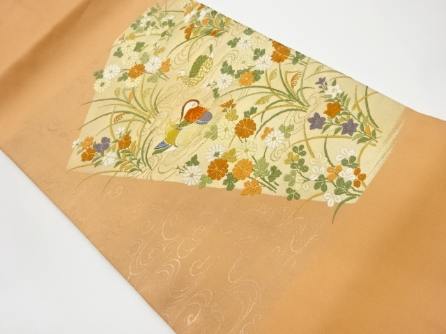 JAPANESE KIMONO / VINTAGE NAGOYA OBI / WOVEN MANDARIN DUCK & FLOWERS WITH STREAM